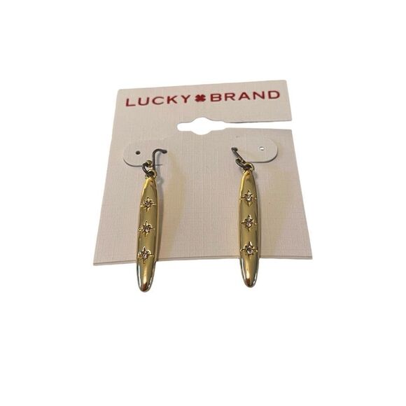 Bright Gold Tone Linear Drop Earrings w/ 3 Pave Crystals. - Picture 5 of 5